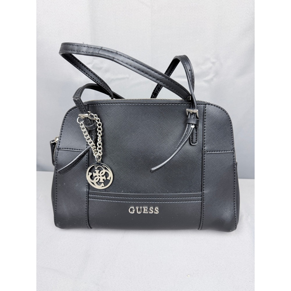 Guess Black Saffiano Faux Leather Dome Satchel Handbag Silver Logo Charm